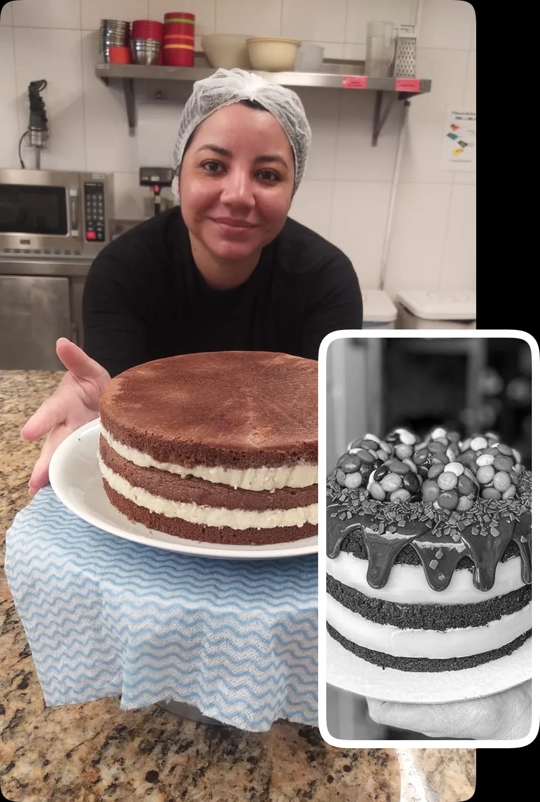 Confeiteira da Sancta Fatia segurando bolo artesanal decorado